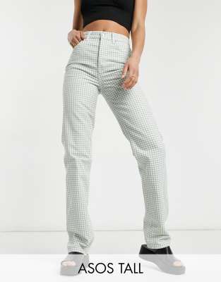 ASOS DESIGN Tall - Straight Jeans mit mittelhohem Bund und grünem Vichy-Karo