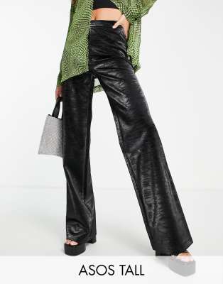 Asos Design Tall Straight Leg Pants In Iridescent Croc Faux Leather In Black