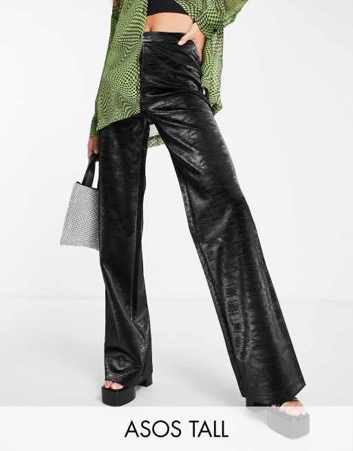 ASOS DESIGN Tall straight leg pants in iridescent croc faux leather in black