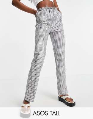 ASOS DESIGN Tall straight leg pull on poplin pants in mono check-Black