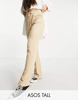 ASOS DESIGN Tall straight leg trouser in crinkle cotton jersey in neutral - ASOS Price Checker
