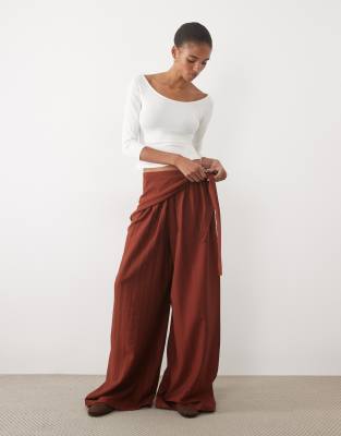 Asos Tall Asos Design Tall Straight Leg Wrap Skirt Detail Pants In Brown