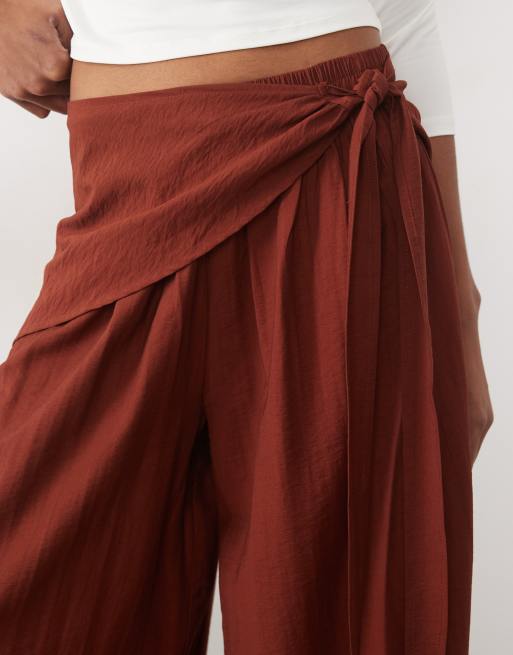 ASOS DESIGN Tall straight leg wrap skirt detail pants in brown, 2 of 5