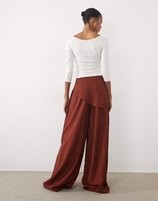 ASOS DESIGN Tall straight leg wrap skirt detail trousers in brown, 3 of 5