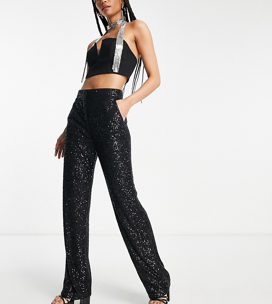 ASOS Tall ASOS DESIGN Tall straight sequin ankle grazer pants in black
