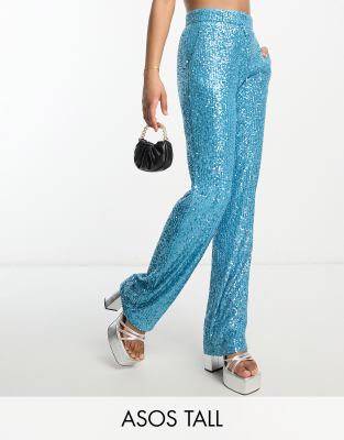 ASOS DESIGN Tall straight sequin ankle grazer pants in turquoise-Blue