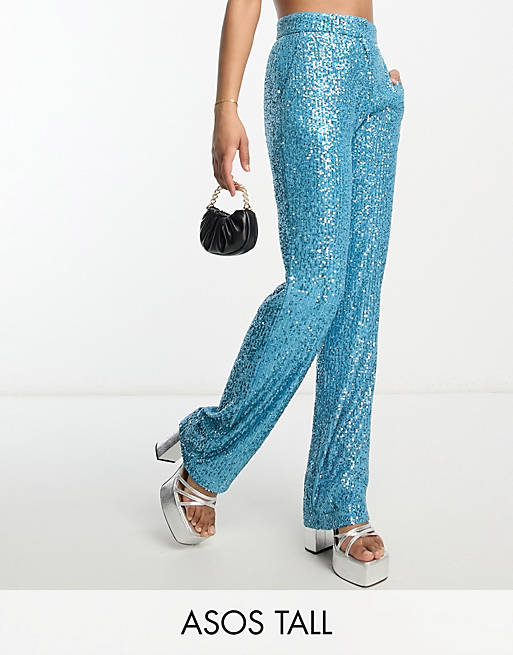 Fruity fugl Bevis ASOS DESIGN Tall straight sequin ankle grazer pants in turquoise | ASOS