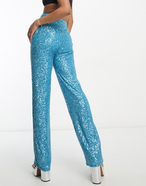 ASOS DESIGN Tall straight sequin ankle grazer pants in turquoise