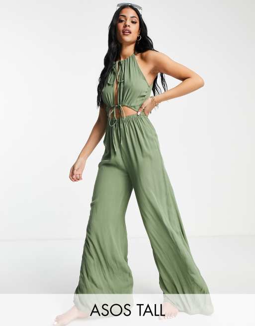 ASOS DESIGN Tall – Strand-Jumpsuit in Khaki mit weitem Bein und Zierausschnitten