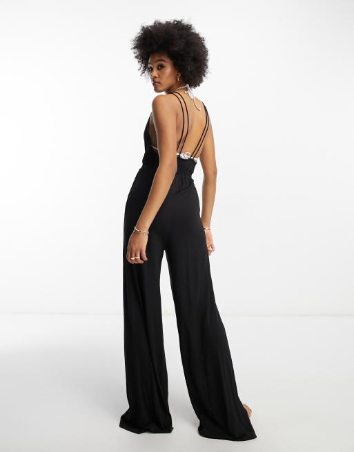 ASOS DESIGN Tall Strand Jumpsuit in Schwarz mit weitem Bein und doppelten Tragern ASOS