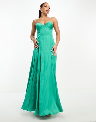 emerald green satin skater dress Sylvette Dark Green Satin Embellished Bandeau Skater Midi Dress – Club L  London main image 0