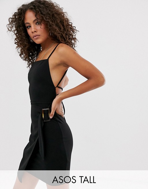 ASOS DESIGN Tall strappy back wrap mini dress with tortoise shell buckle