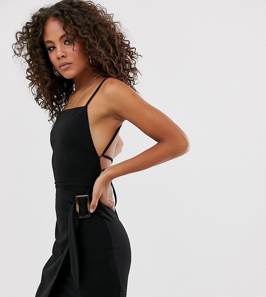 ASOS DESIGN Tall strappy back wrap mini dress with tortoise shell buckle-Black