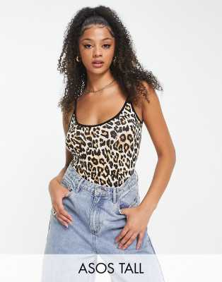 ASOS DESIGN Tall strappy bodysuit with high apex and contrast binding in leopard print-Multi