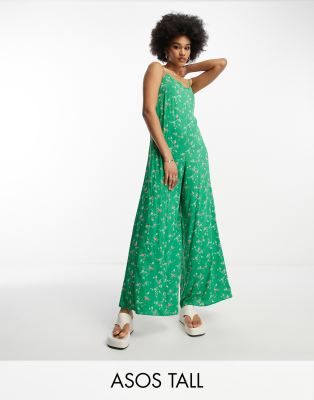 Asos Tall Asos Design Tall Strappy Culotte Jumpsuit In Green Floral Print-multi