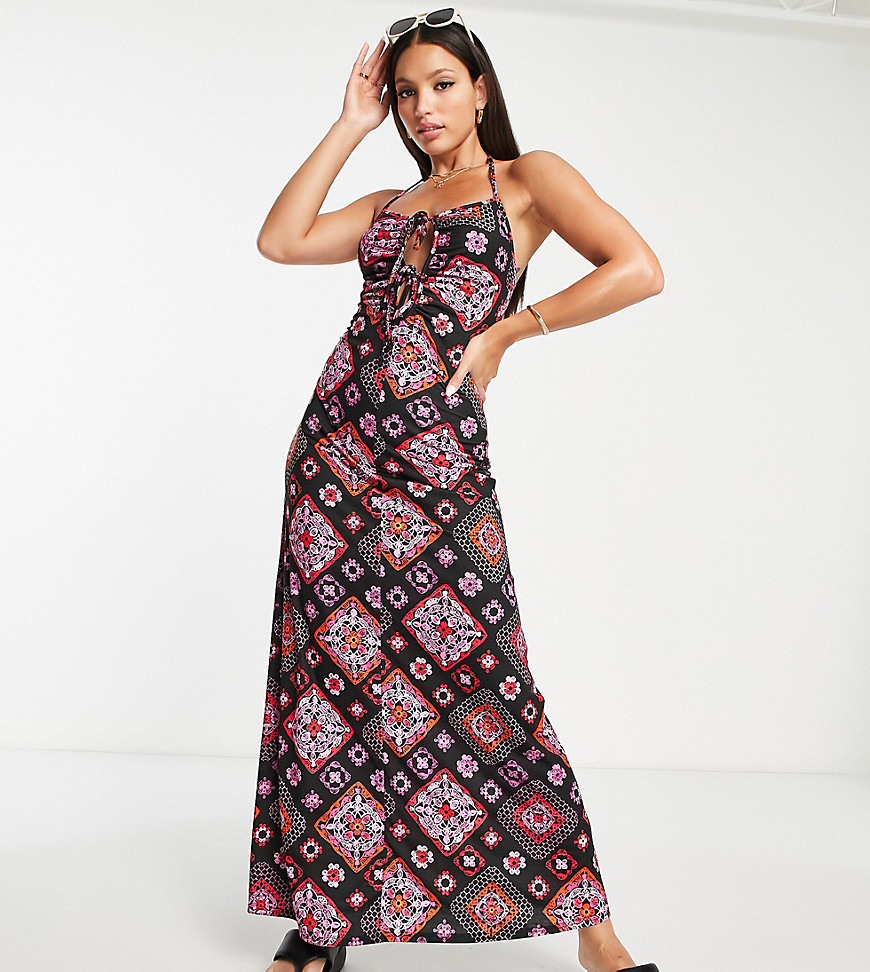 ASOS DESIGN Tall strappy halter maxi dress in red ditsy print-Multi