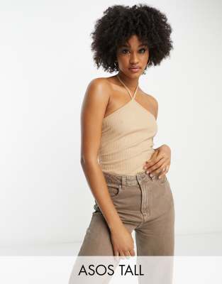 Asos Tall Asos Design Tall Strappy Halter Neck Bodysuit In Rib In Camel-red