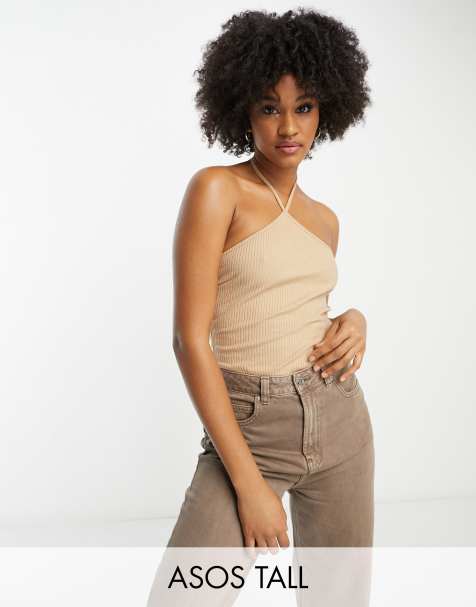 ASOS DESIGN Tall strappy halter neck bodysuit in rib in camel - view 1