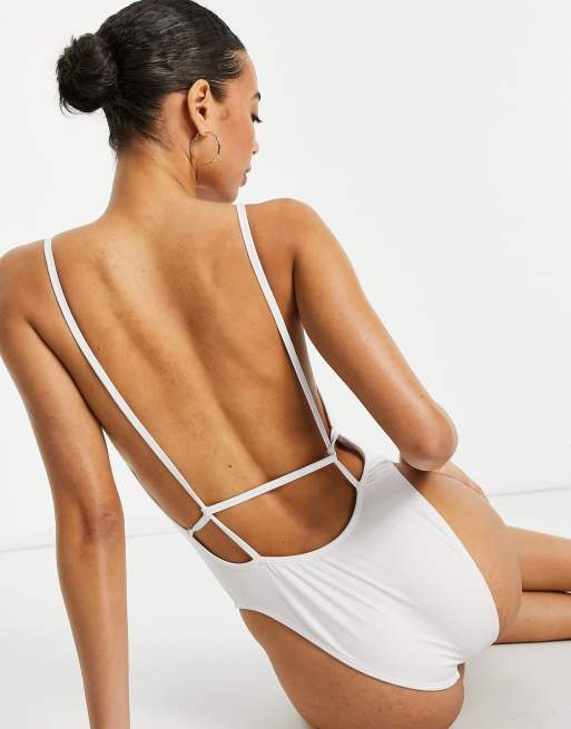 ASOS DESIGN Tall strappy low back swimsuit in white