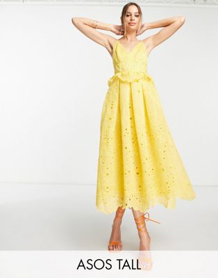 ASOS DESIGN Tall strappy midi dress with floral broderie and lace insert detail in yellow