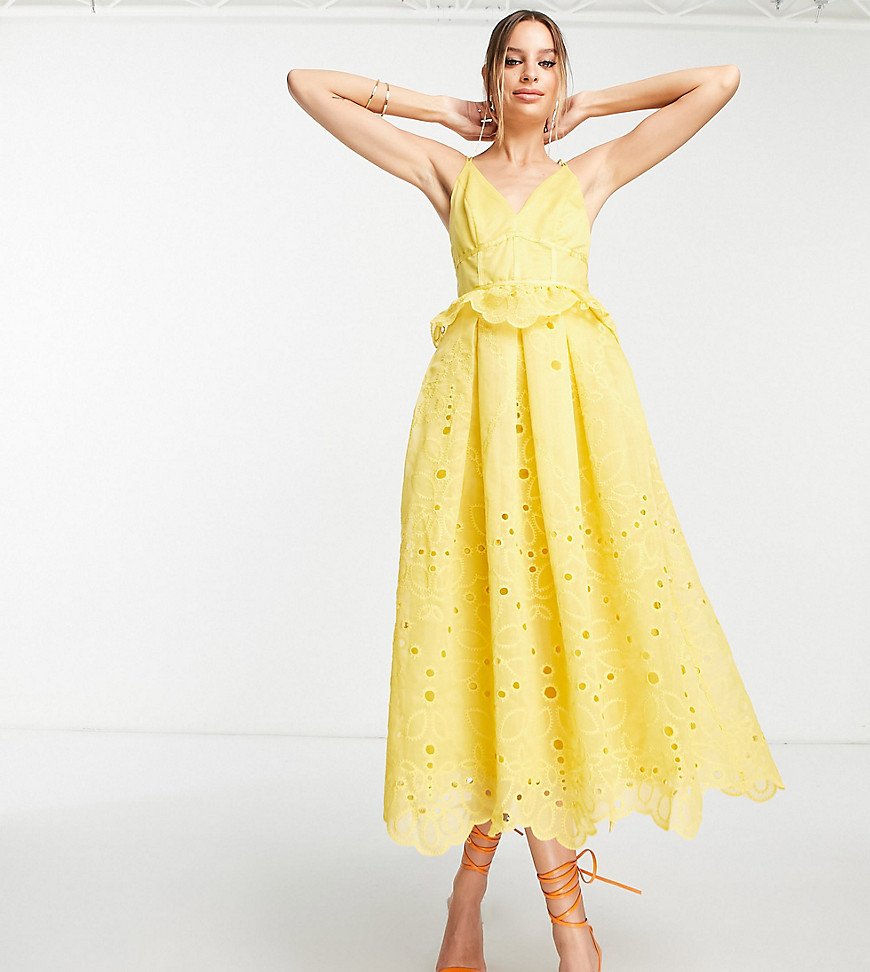 ASOS DESIGN Tall strappy midi dress with floral broderie and lace insert detail in yellow