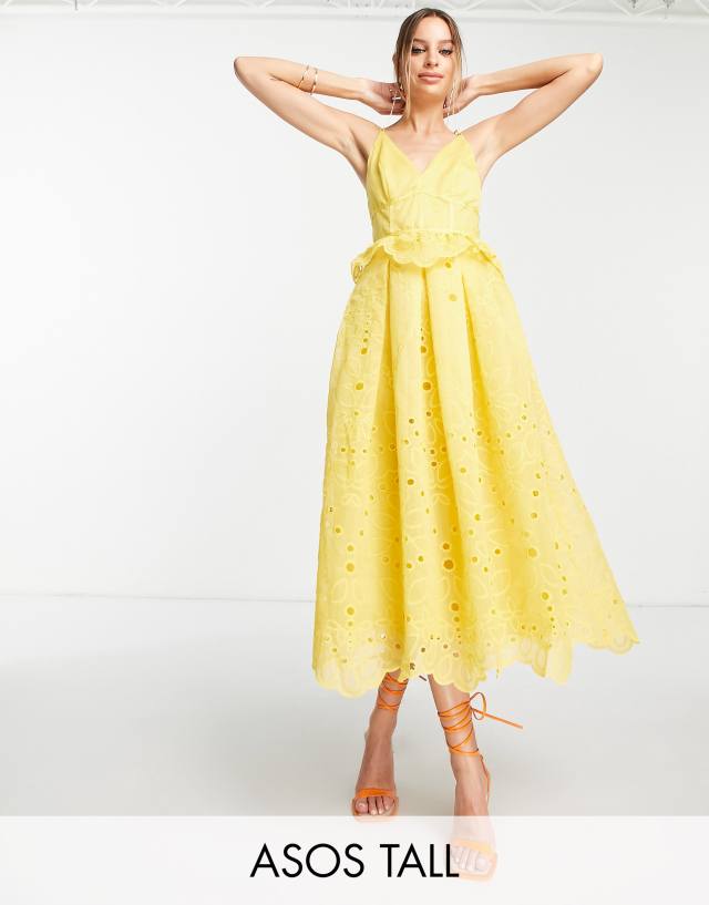 ASOS DESIGN Tall strappy midi dress with floral broderie and lace insert detail in yellow