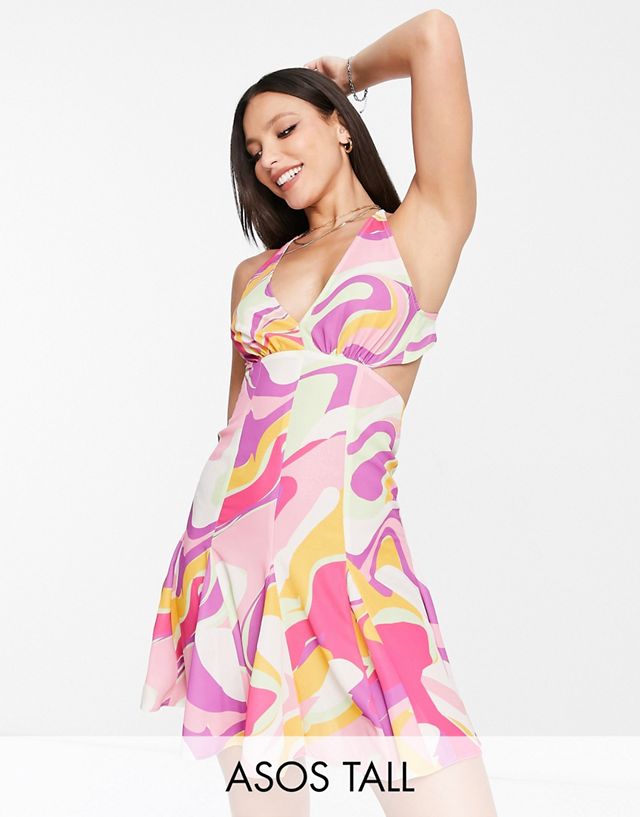 ASOS DESIGN Tall strappy mini with godet dress in bright swirl print