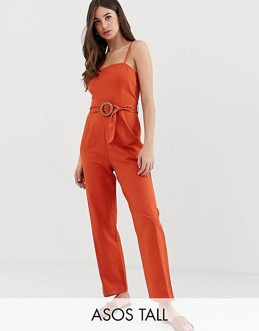 ASOS DESIGN Tall strappy pinny belted jumpsuit