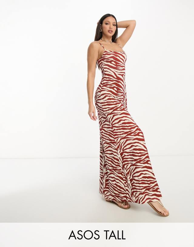 ASOS DESIGN Tall strappy square neck maxi dress in rust zebra