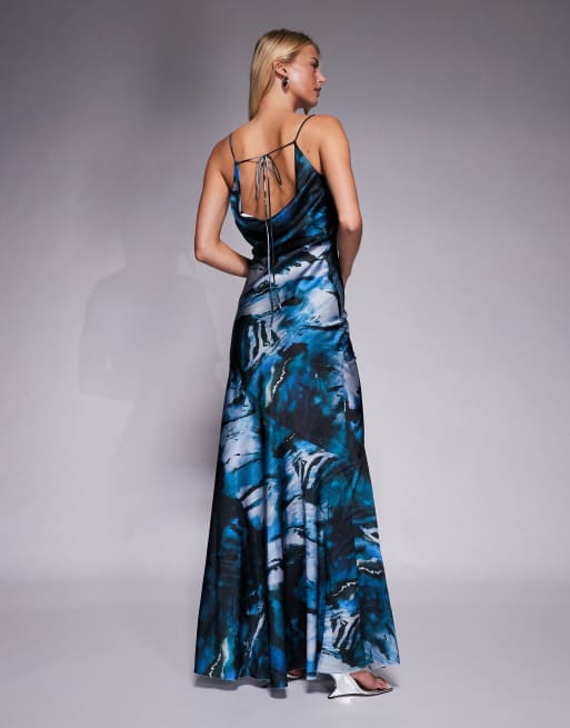 ASOS DESIGN Tall strappy tie back cowl front satin maxi dress in dark blue abstract print, 2 of 4