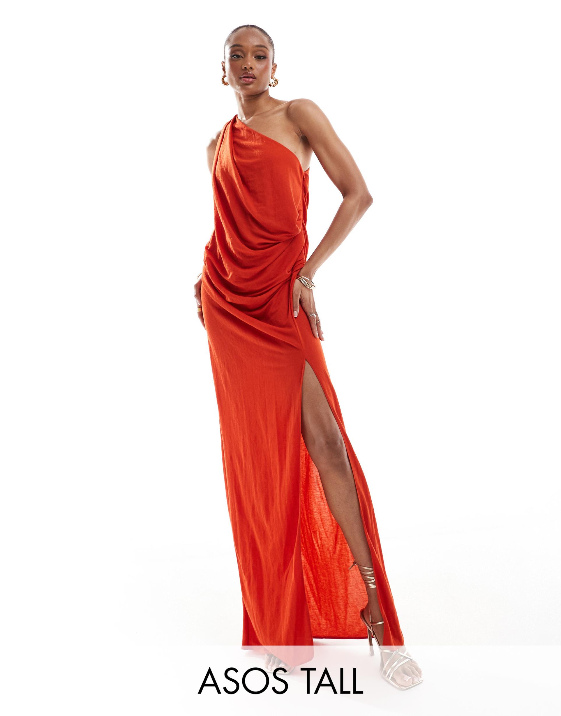 asos design tall stretch linen one shoulder drape maxi dress in rust