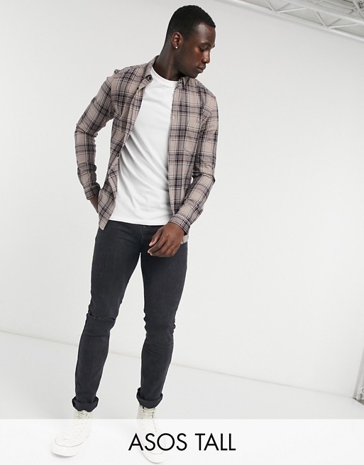 ASOS DESIGN Tall stretch slim check shirt in stone and black