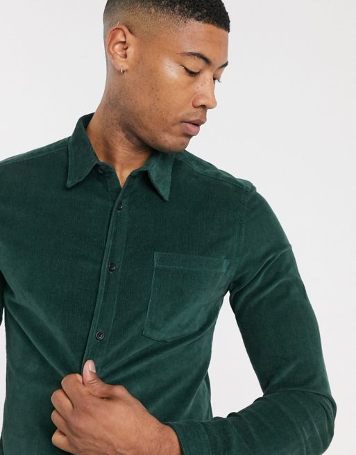 ASOS DESIGN Tall stretch slim cord shirt in dark green | ASOS