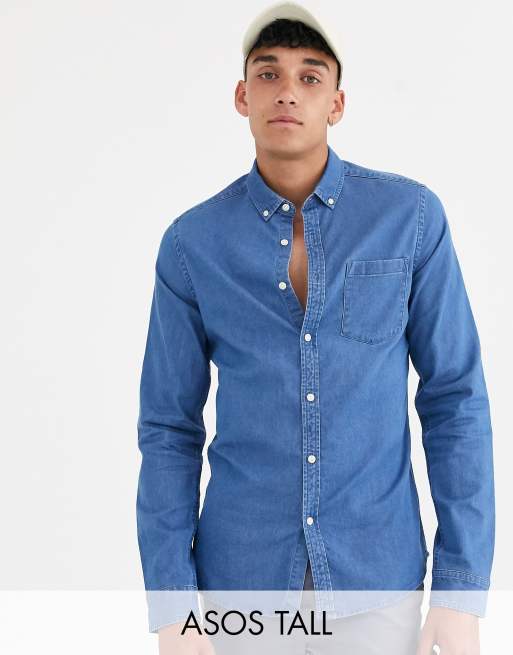 ASOS DESIGN Tall stretch slim denim shirt in mid wash | ASOS