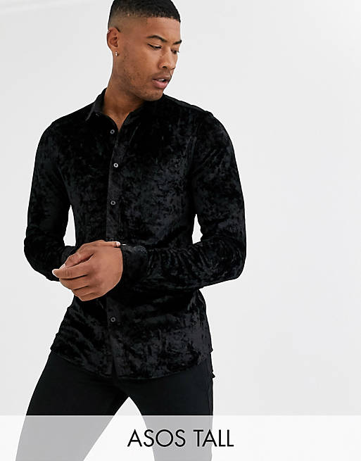 ASOS DESIGN Tall stretch slim fit crushed velvet shirt in black | ASOS