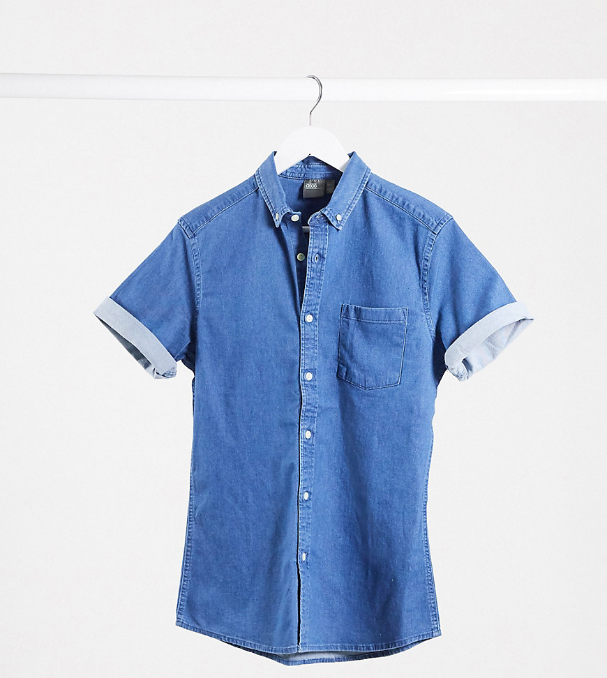 ASOS DESIGN Tall stretch slim organic denim shirt in mid wash-Blues