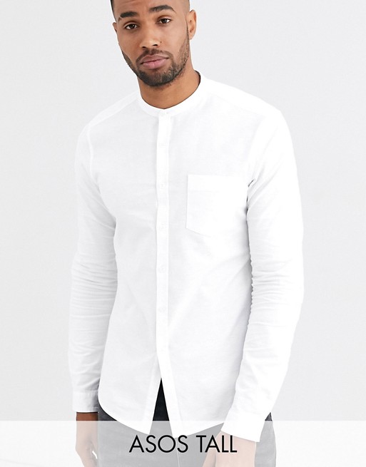 ASOS DESIGN Tall stretch slim oxford shirt with in white with grandad collar