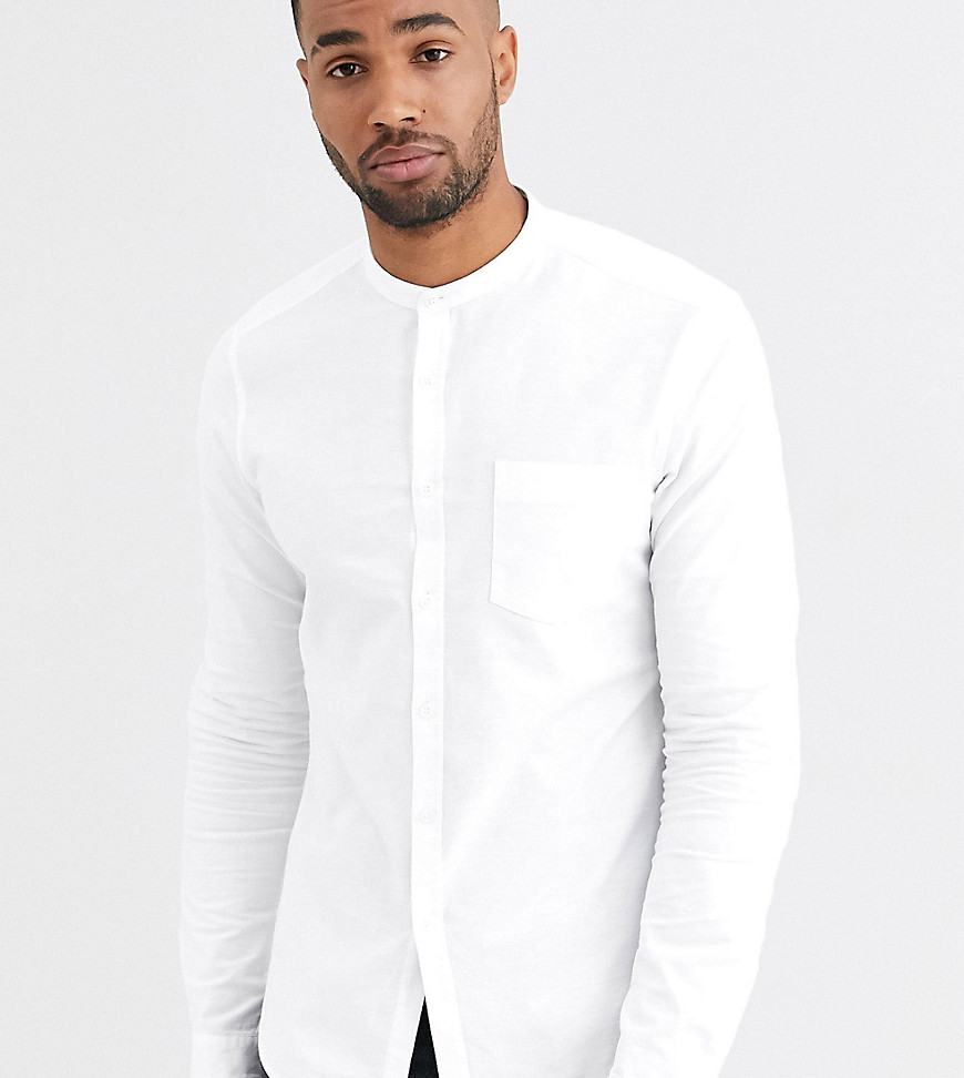 ASOS DESIGN Tall stretch slim oxford shirt with in white with grandad collar