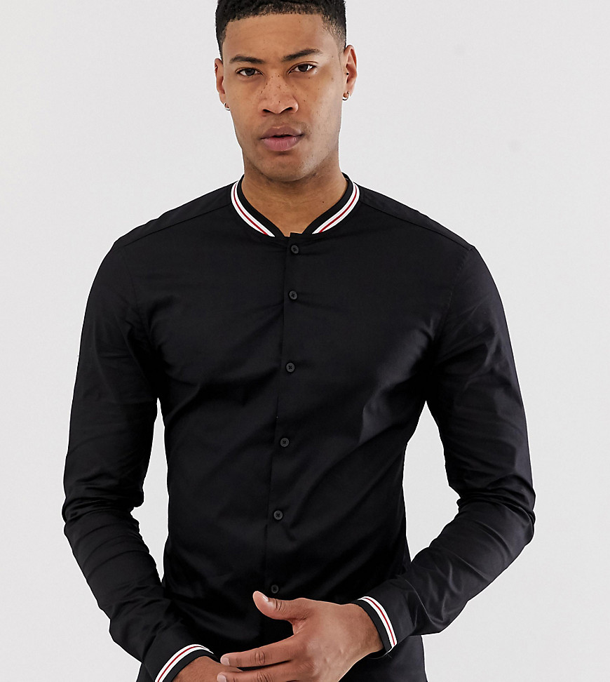 ASOS DESIGN Tall stretch stretch slim fit shirt with rib grandad collar-Black