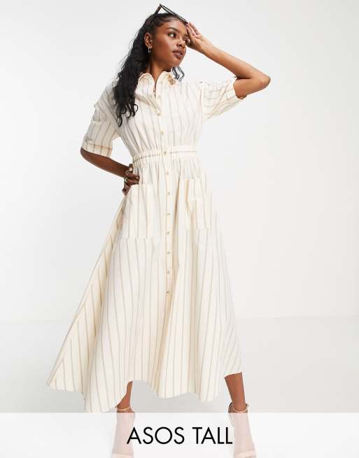 ASOS DESIGN Tall - Stribet midi-skjortekjole med gennemgående knapper og elastisk talje