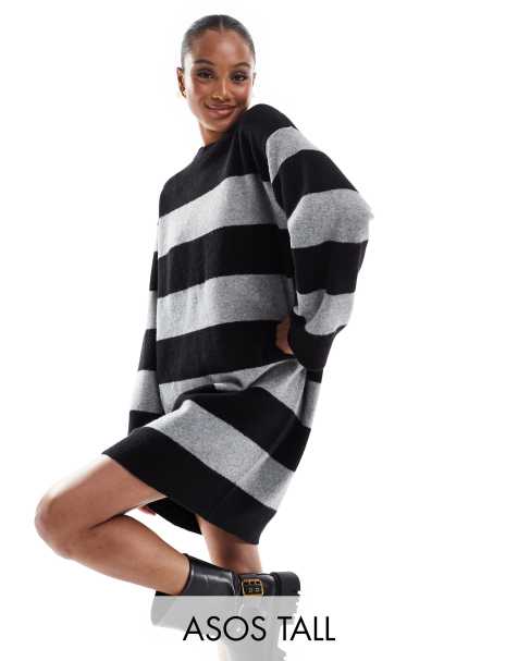 ASOS DESIGN Tall - Stribet minikjole med rund hals og brede ærmekanter - view 1