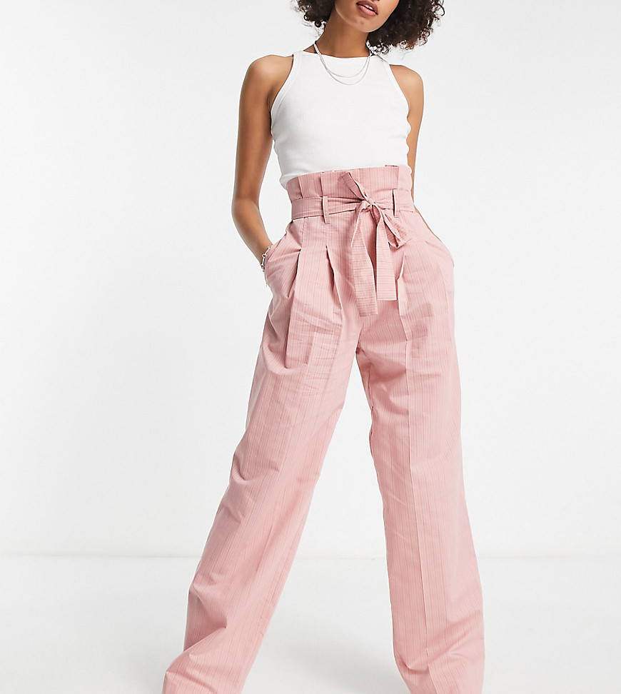 Asos Tall Asos Design Tall Stripe Paperbag Waist Pants In Pink