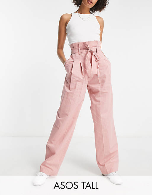 ASOS DESIGN Tall stripe paperbag waist pants in pink