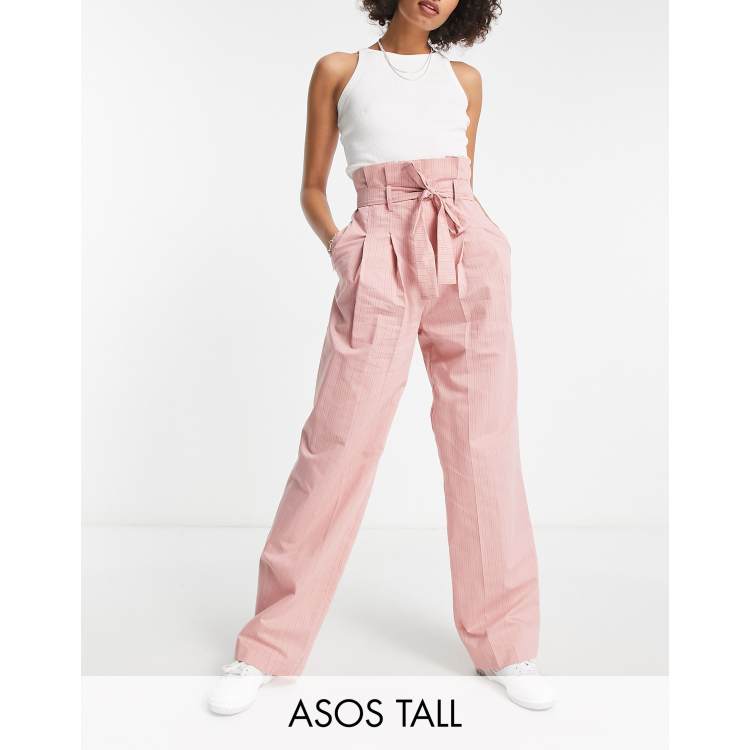 ASOS DESIGN Tall stripe paperbag waist pants in pink