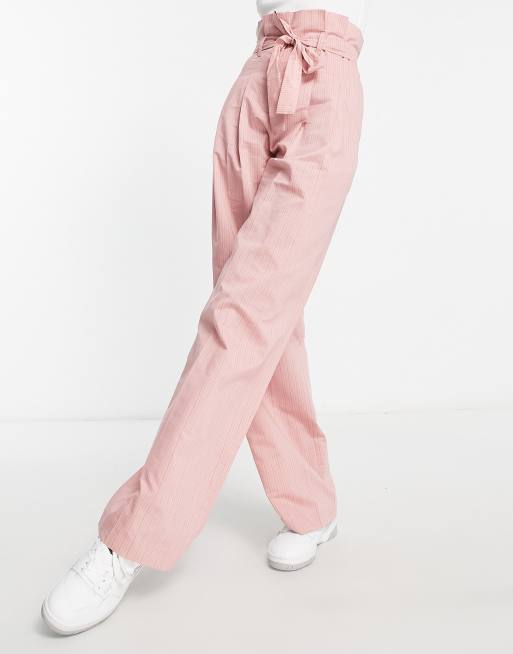 ASOS DESIGN Tall stripe paperbag waist pants in pink