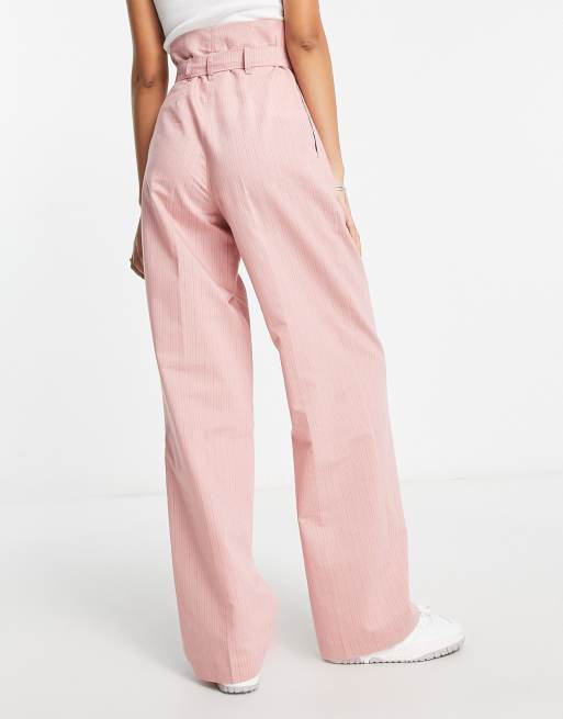 ASOS DESIGN Tall stripe paperbag waist pants in pink