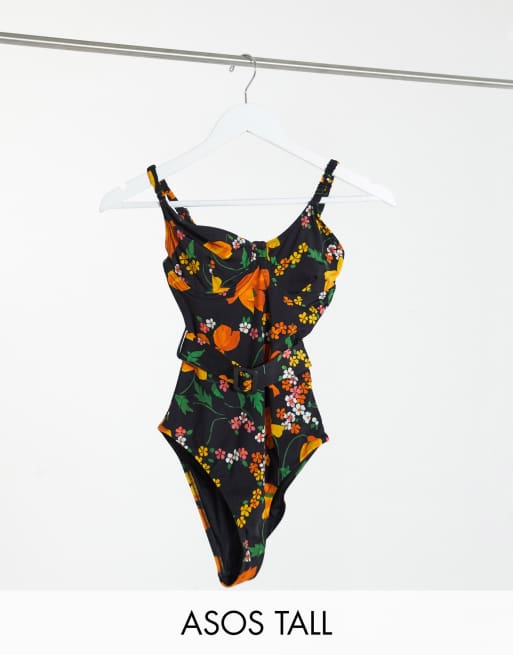 ASOS DESIGN Tall – Strój kąpielowy z paskiem i fiszbinami w kwiatowy wzór