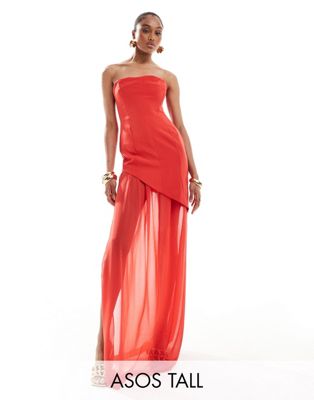 Asos Design Tall Structured Bandeau Maxi Dress With Chiffon Thigh Slit Skirt In Red