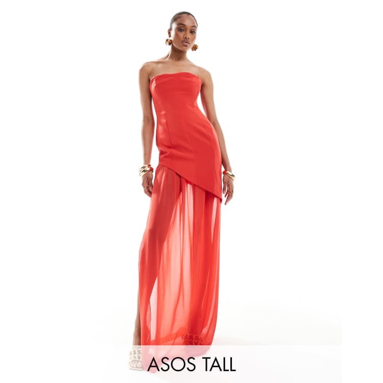 ASOS DESIGN Tall structured bandeau maxi dress with chiffon thigh split skirt in red ASOS