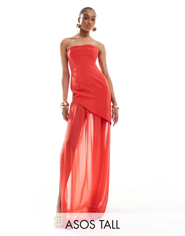 ASOS DESIGN - tall structured bandeau maxi dress with chiffon thigh split skirt in red